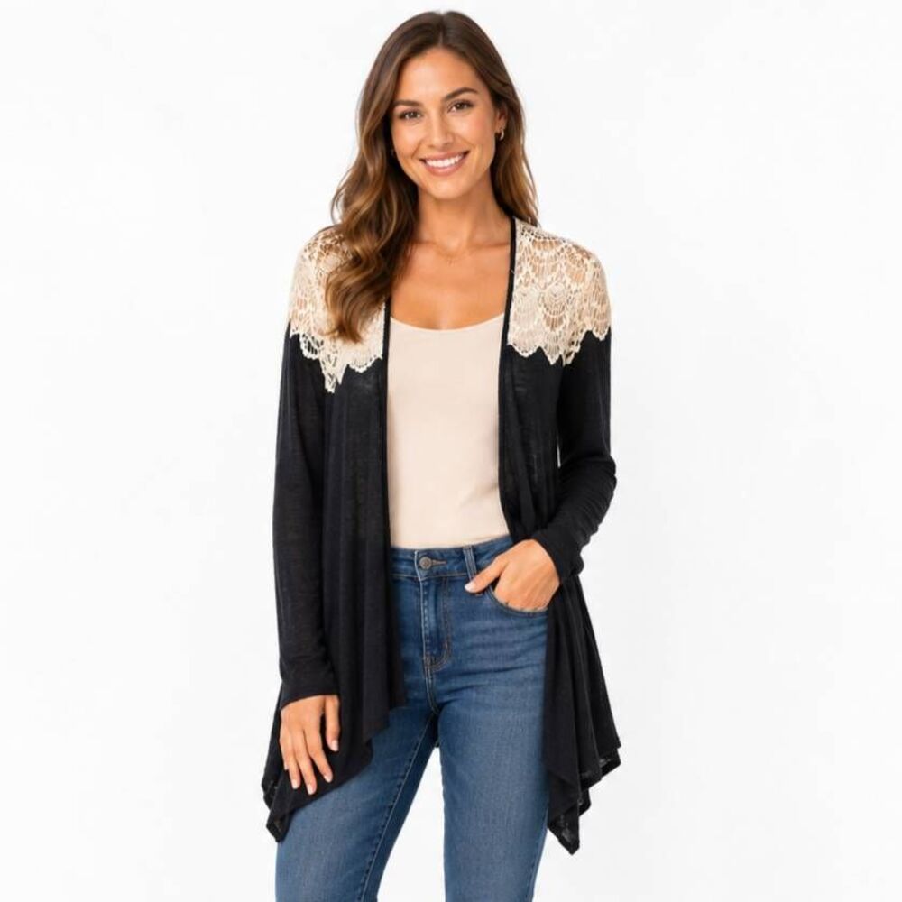 Cato Woman 18/20W Black Ivory Lace Open Cardigan